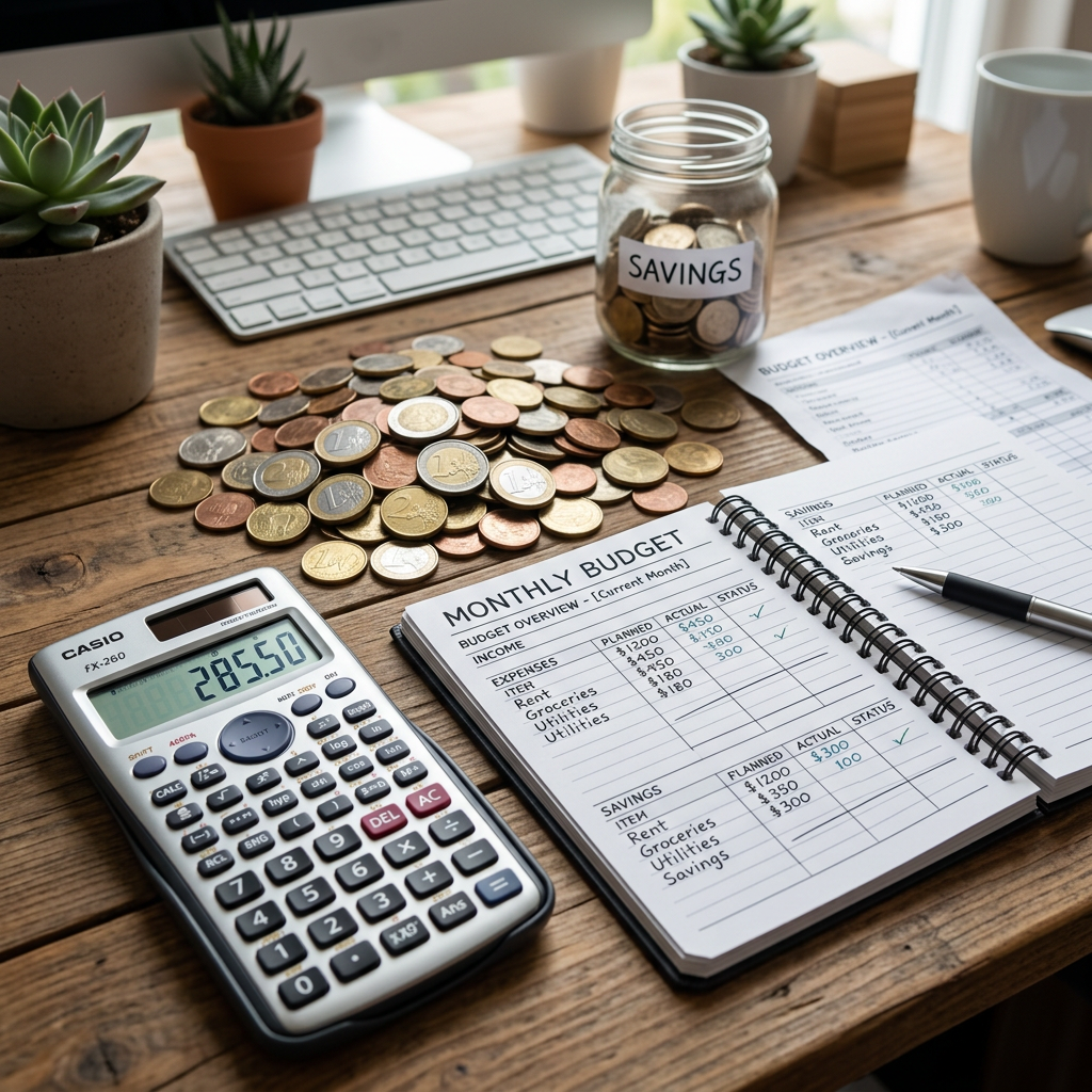 Calculator, coins, labeled savings jar, and open monthly budget notebook with expenses and savings